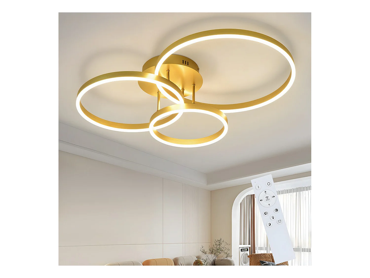 NETTLIFE Plafonnier LED pour salon - Noir, intensité variable, 82 cm, avec télécommande, 74 W, 3 anneaux