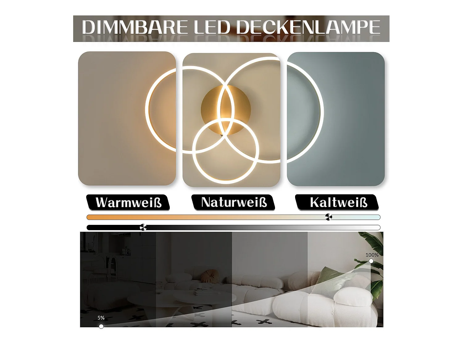 NETTLIFE Plafonnier LED pour salon - Noir, intensité variable, 82 cm, avec télécommande, 74 W, 3 anneaux