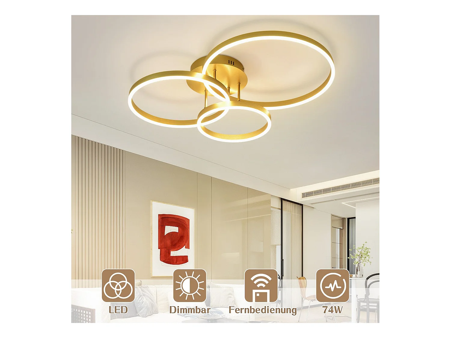 NETTLIFE Plafonnier LED pour salon - Noir, intensité variable, 82 cm, avec télécommande, 74 W, 3 anneaux