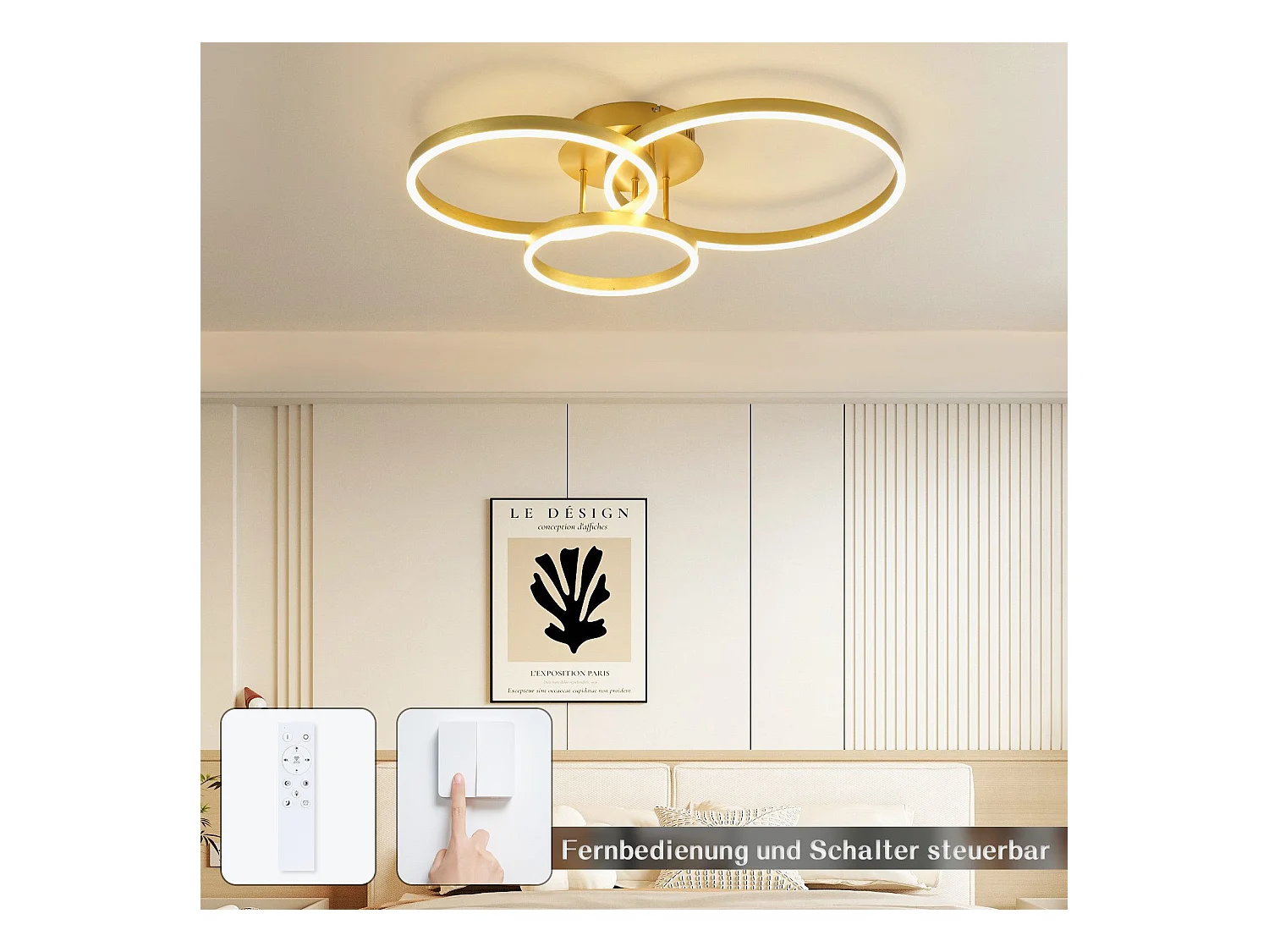 NETTLIFE Plafonnier LED pour salon - Noir, intensité variable, 82 cm, avec télécommande, 74 W, 3 anneaux