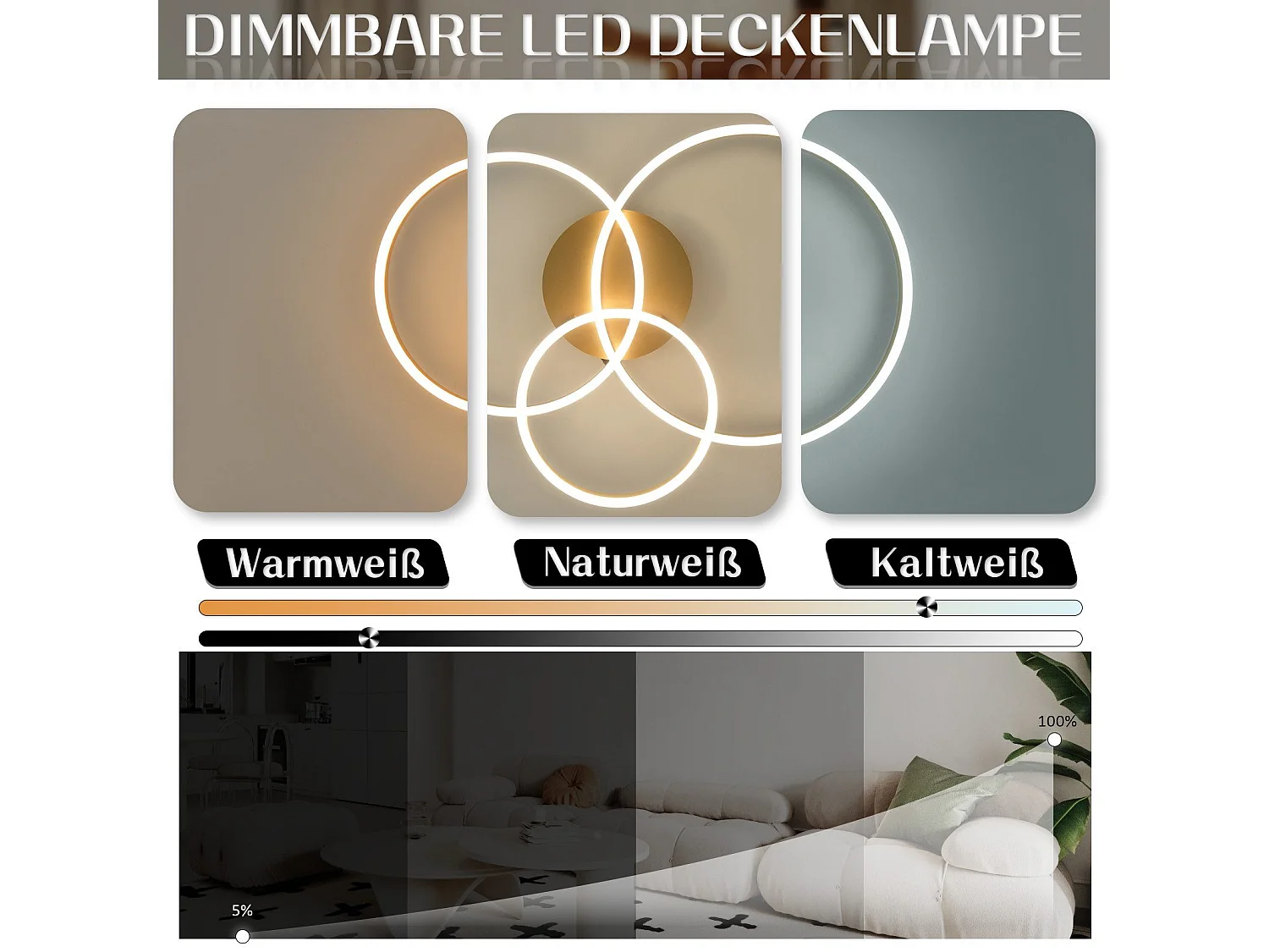 NETTLIFE Plafonnier LED pour salon - Noir, intensité variable, 82 cm, avec télécommande, 74 W, 3 anneaux