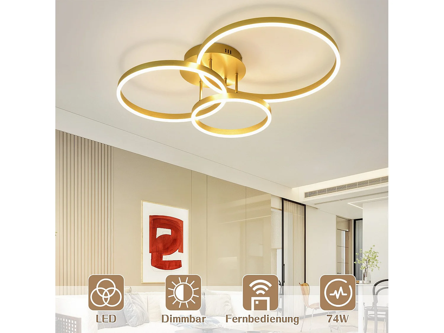 NETTLIFE Plafondlamp LED - Goud - Ring Design - 3-Lichts - Dimbaar - 74W - Moderne Plafondverlichting- met Afstandsbediening - voor Slaapkamer | Keuken | Woonkamer