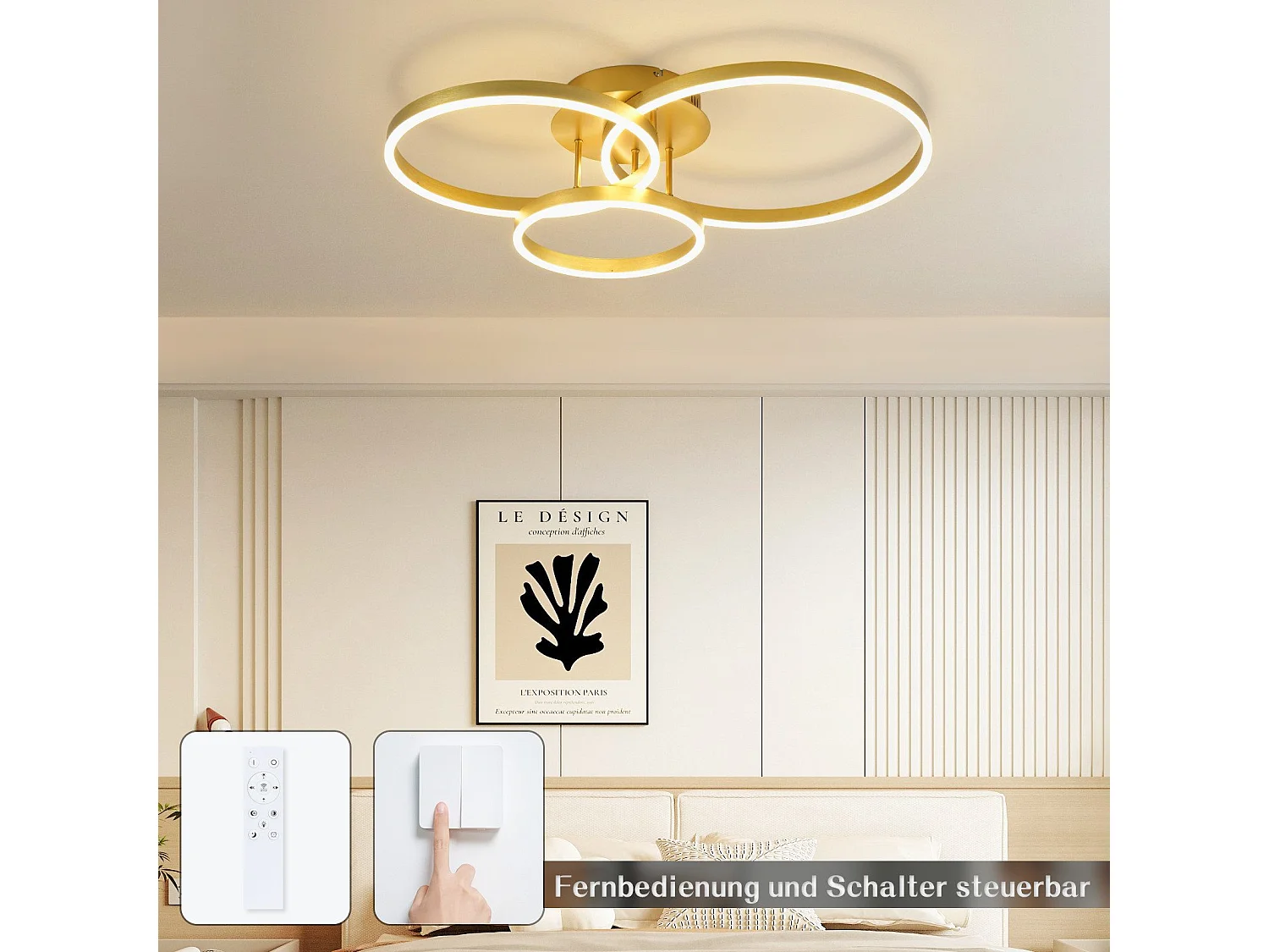 NETTLIFE Plafondlamp LED - Goud - Ring Design - 3-Lichts - Dimbaar - 74W - Moderne Plafondverlichting- met Afstandsbediening - voor Slaapkamer | Keuken | Woonkamer