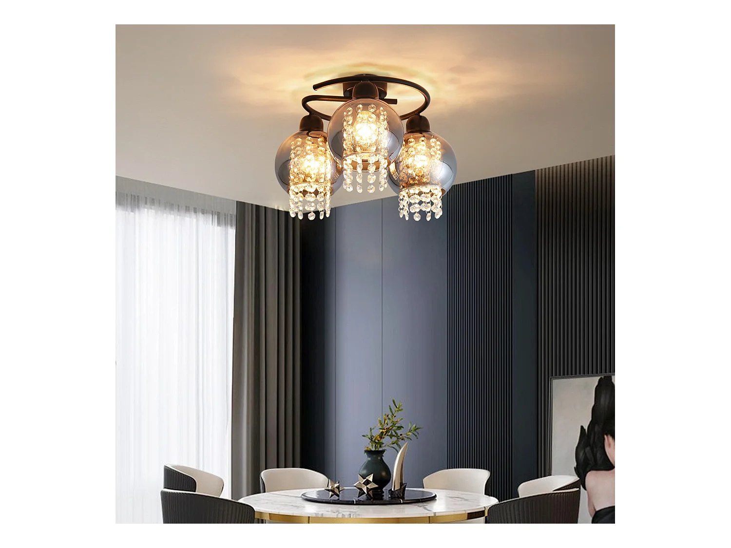 NETTLIFE Plafonnier Chambre E27 Gris Fumé Verre Cristal Moderne Salle à Manger