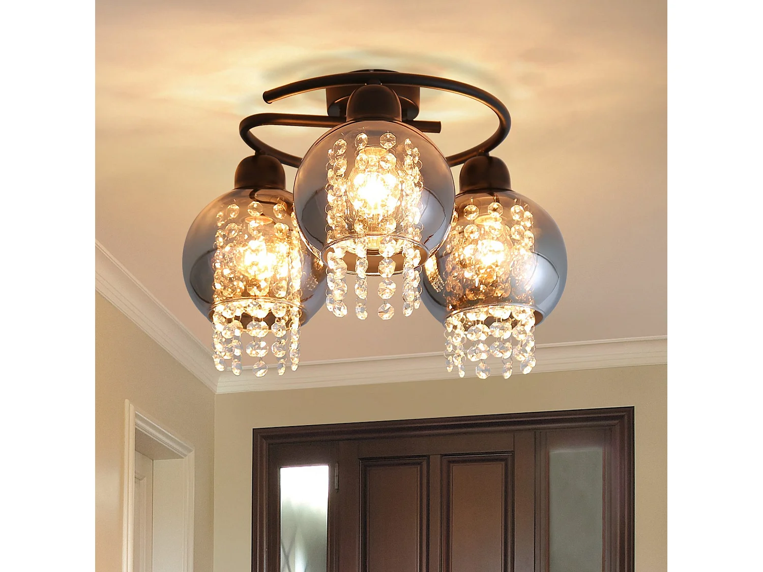 NETTLIFE Plafondlamp E27 - Kristal - Rookgrijs - 3-Lichts - met Glas Lampkap - Moderne Plafondverlichting - voor Eetkamer | Slaapkamer | Woonkamer - Max.25W