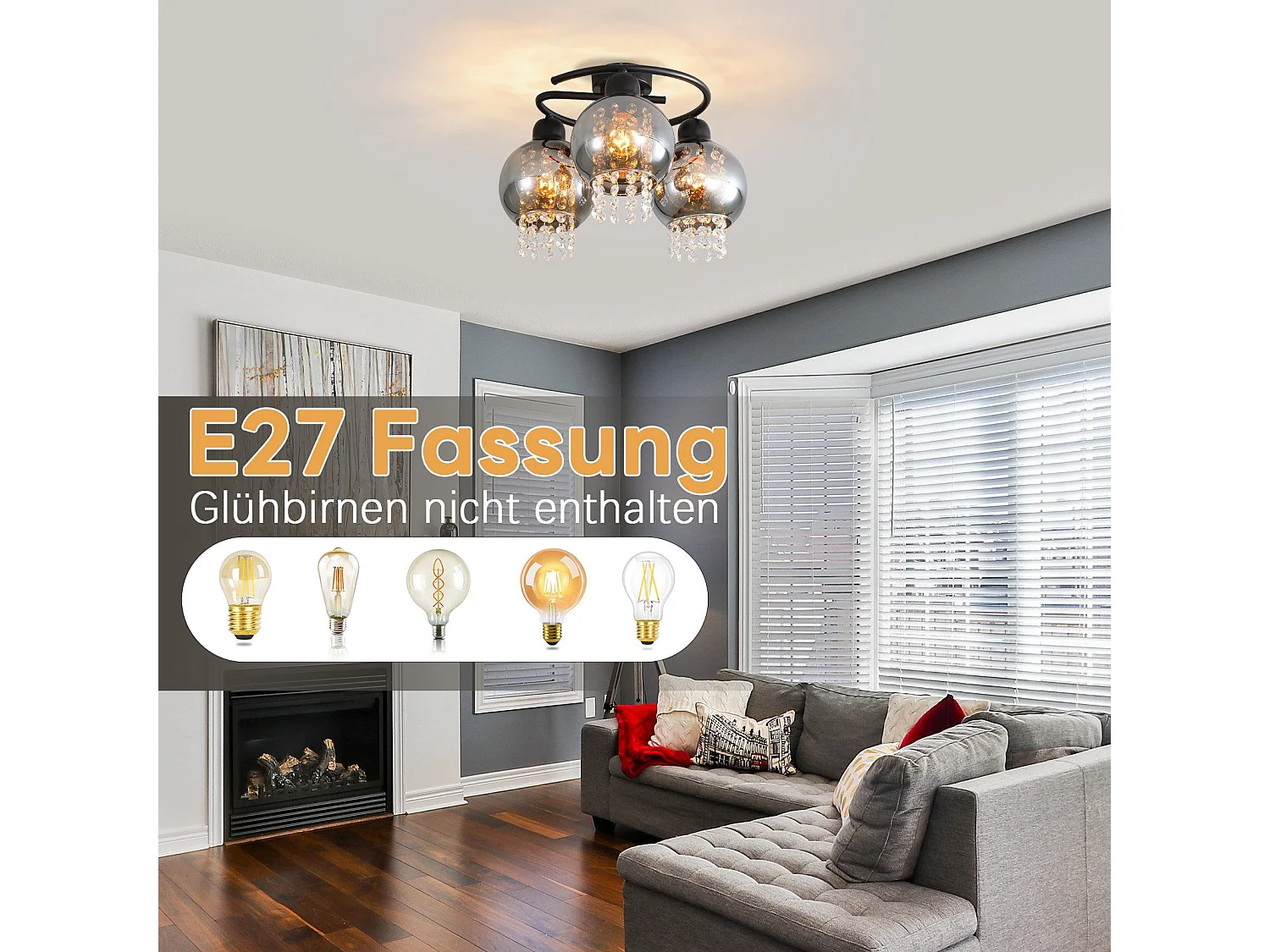 NETTLIFE Plafondlamp E27 - Kristal - Rookgrijs - 3-Lichts - met Glas Lampkap - Moderne Plafondverlichting - voor Eetkamer | Slaapkamer | Woonkamer - Max.25W