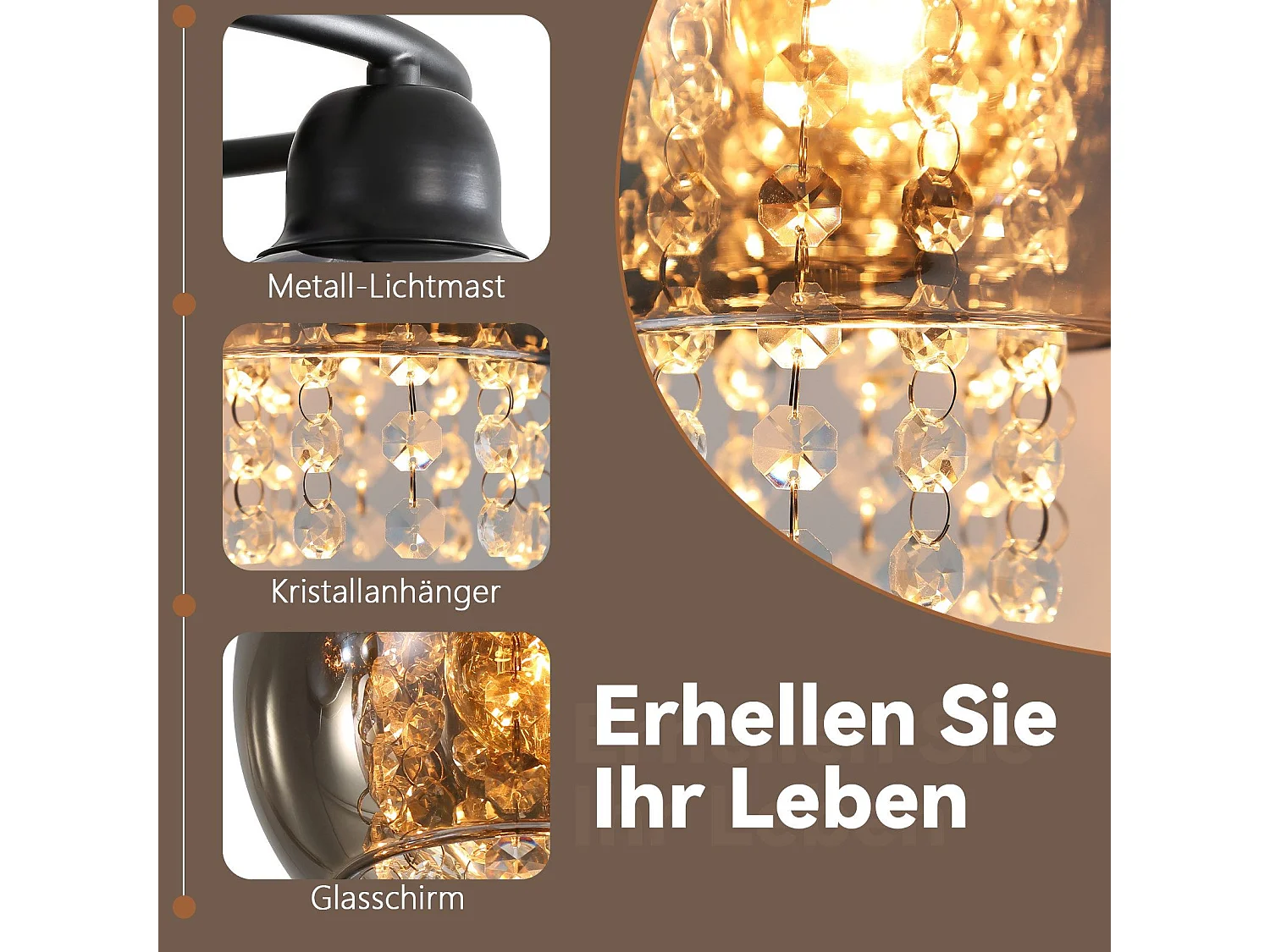 NETTLIFE Plafondlamp E27 - Kristal - Rookgrijs - 3-Lichts - met Glas Lampkap - Moderne Plafondverlichting - voor Eetkamer | Slaapkamer | Woonkamer - Max.25W
