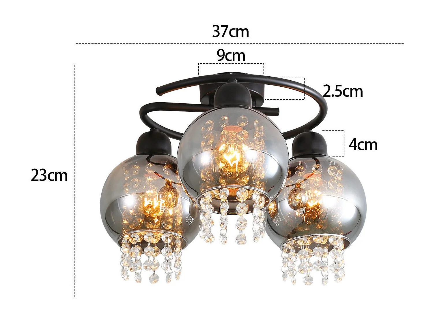 NETTLIFE Plafondlamp E27 - Kristal - Rookgrijs - 3-Lichts - met Glas Lampkap - Moderne Plafondverlichting - voor Eetkamer | Slaapkamer | Woonkamer - Max.25W