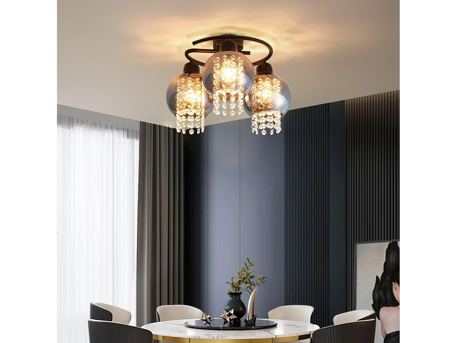 NETTLIFE Plafondlamp E27 - Kristal - Rookgrijs - 3-Lichts - met Glas Lampkap - Moderne Plafondverlichting - voor Eetkamer | Slaapkamer | Woonkamer - Max.25W