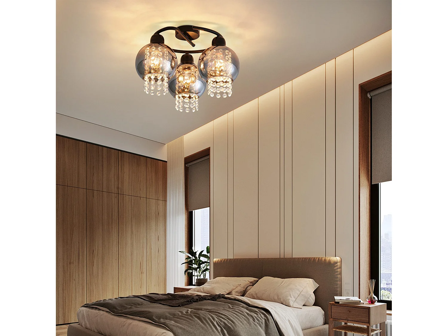 NETTLIFE Plafondlamp E27 - Kristal - Rookgrijs - 3-Lichts - met Glas Lampkap - Moderne Plafondverlichting - voor Eetkamer | Slaapkamer | Woonkamer - Max.25W