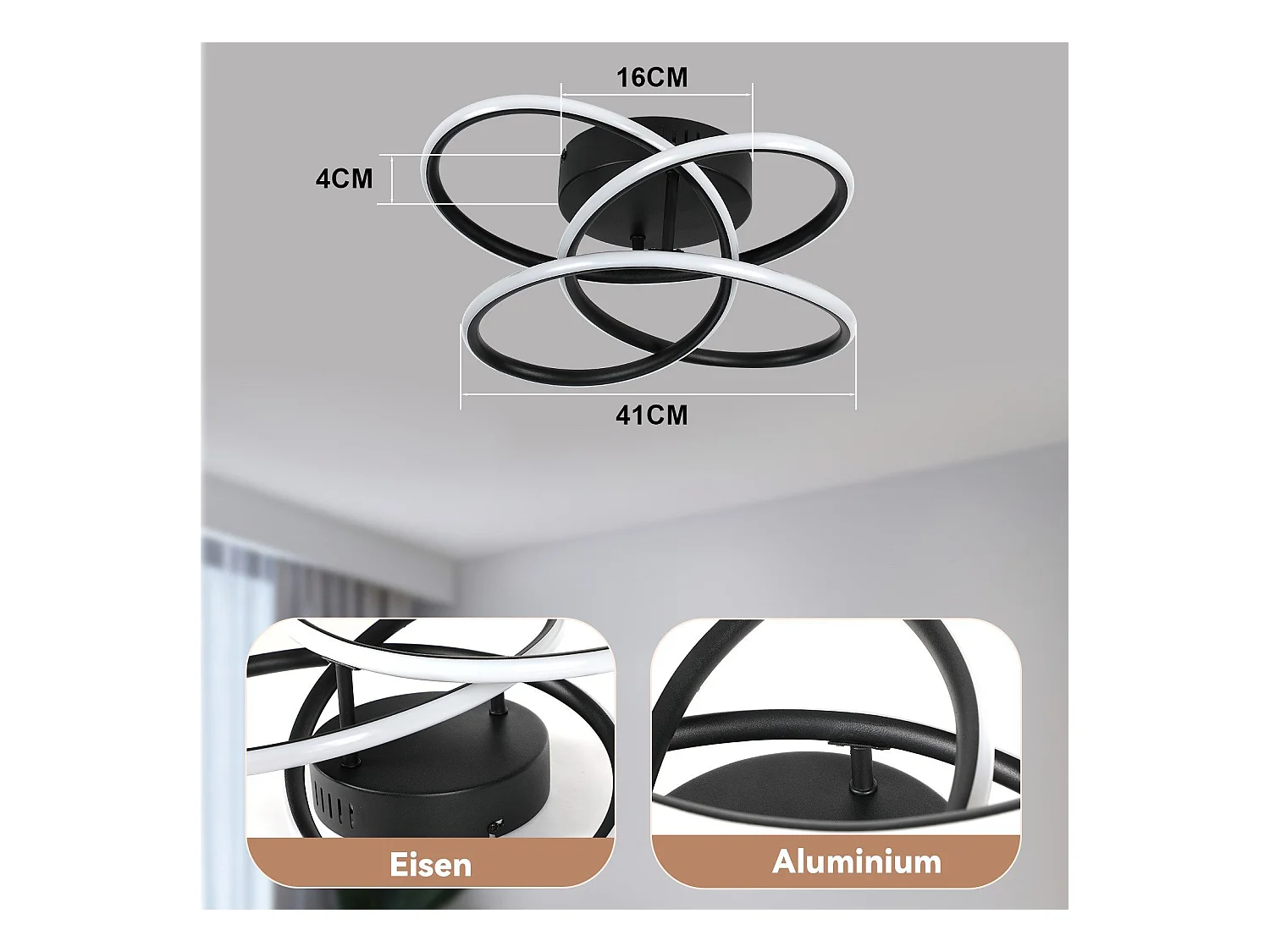 NETTLIFE Lámpara de techo LED para pasillo, color negro, diseño moderno, regulable, con mando a distancia, para cocina, 44 W