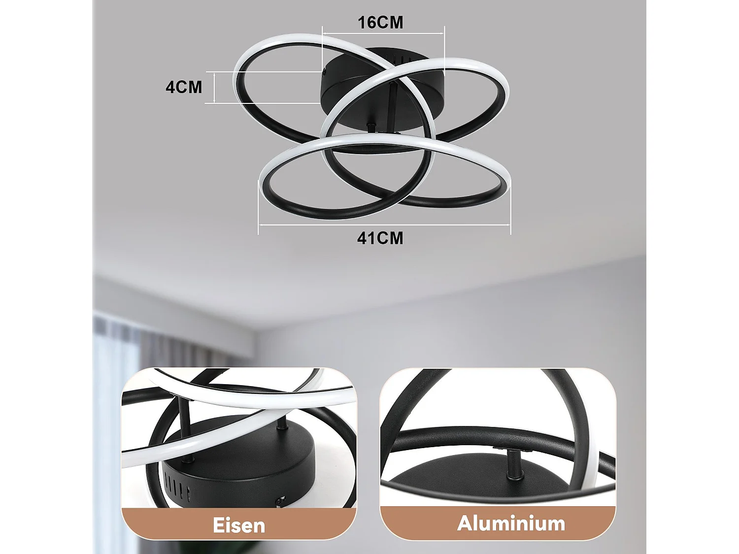 NETTLIFE LED-plafondlamp voor hal, modern design, dimbaar, afstandsbediening, 44W, zwart