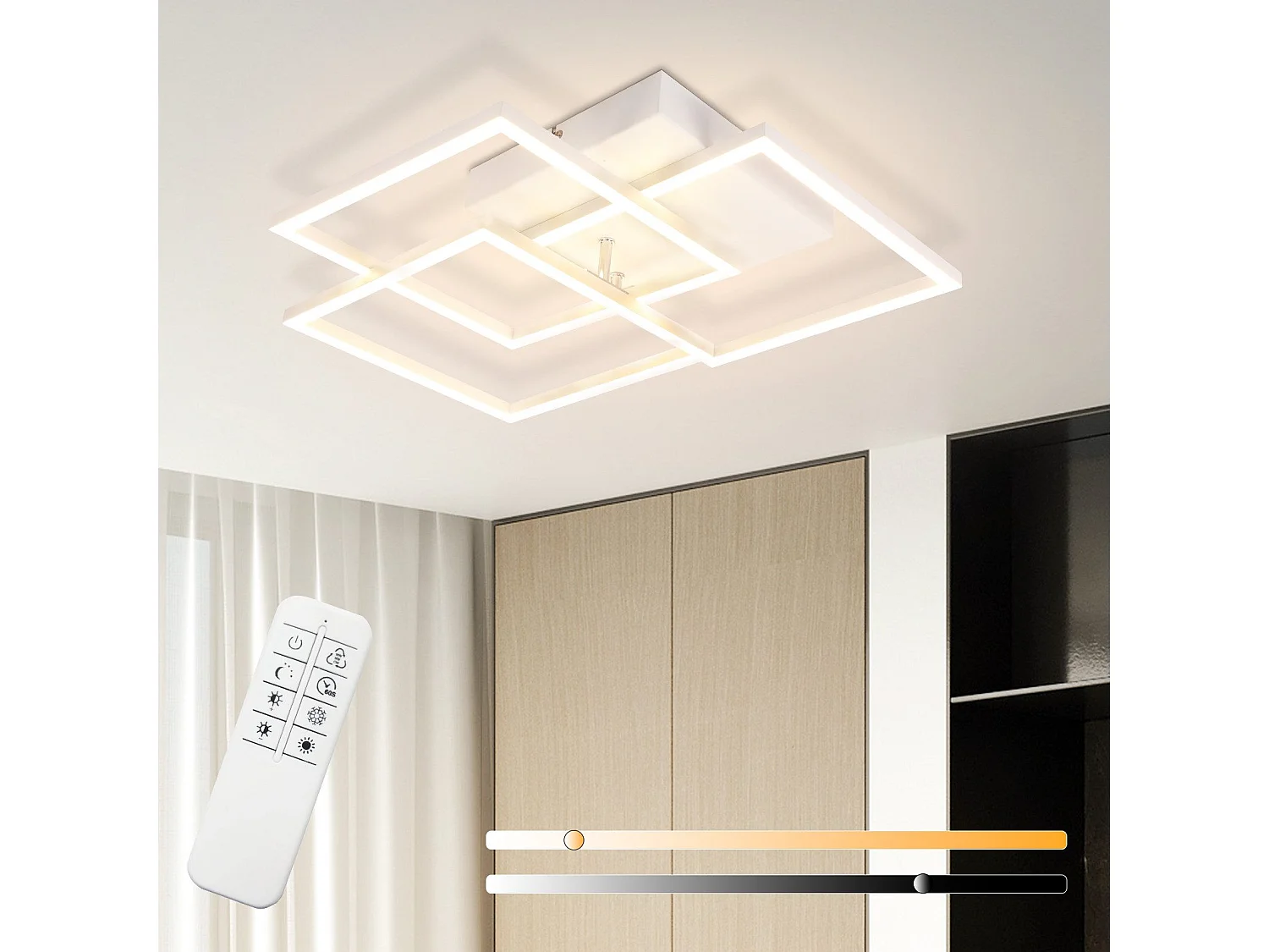 NETTLIFE Plafoniera LED moderna quadrata dimmerabile da 36W per soggiorno, bianca con telecomando