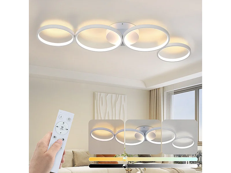 NETTLIFE Plafonnier LED Plafonnier 100cm Dimmable 4 Anneaux  Moderne 56w Éclairage Blanc Avec Télécommande