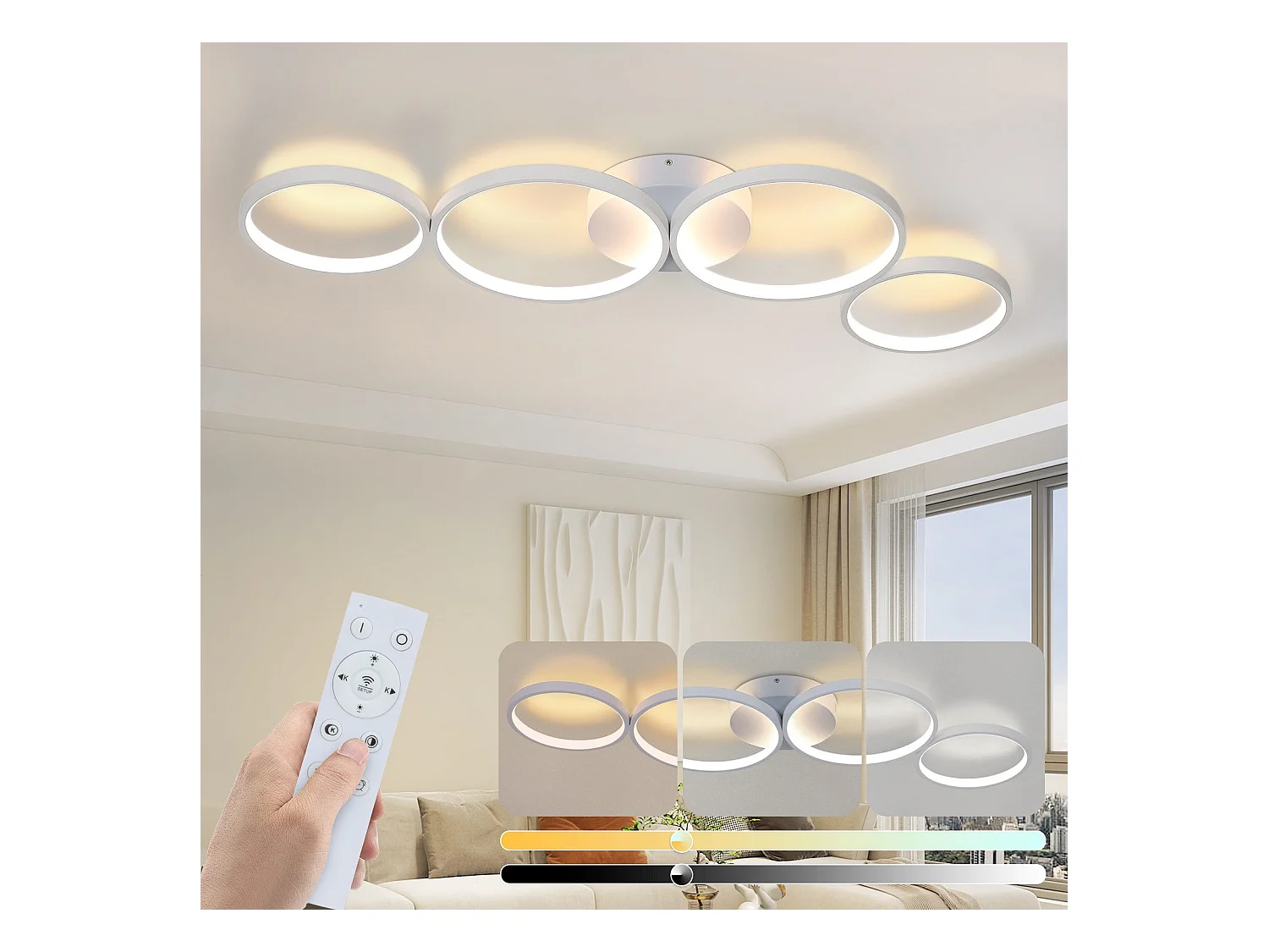 NETTLIFE Plafonnier LED Plafonnier 100cm Dimmable 4 Anneaux  Moderne 56w Éclairage Blanc Avec Télécommande