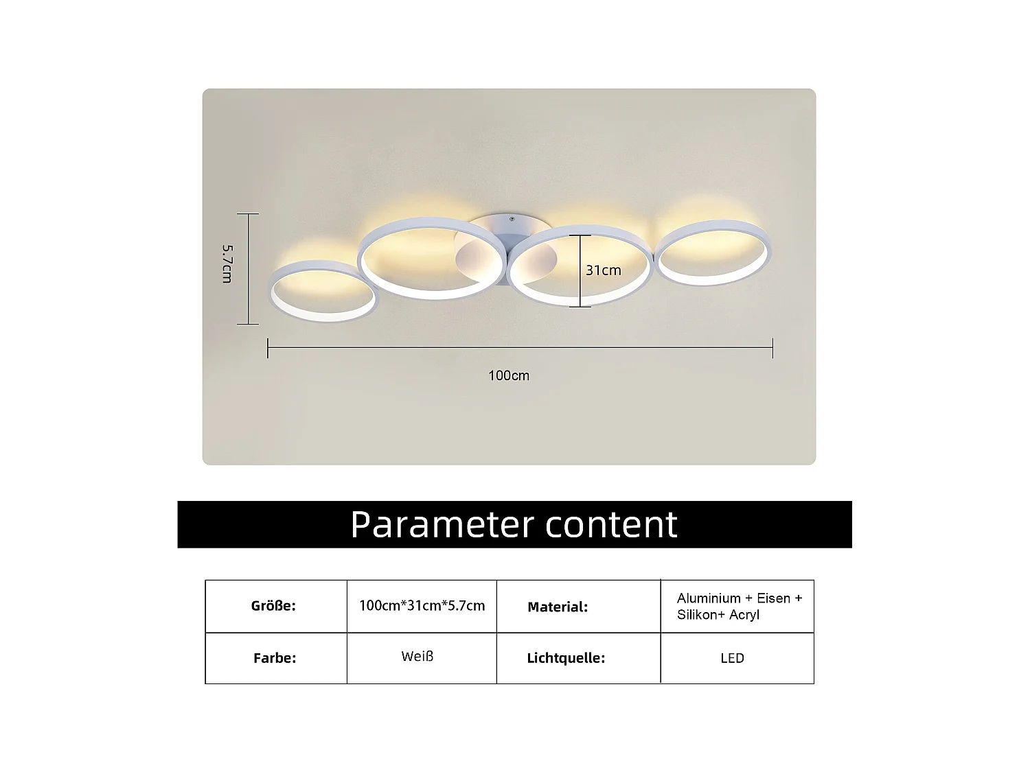 NETTLIFE Plafonnier LED Plafonnier 100cm Dimmable 4 Anneaux  Moderne 56w Éclairage Blanc Avec Télécommande