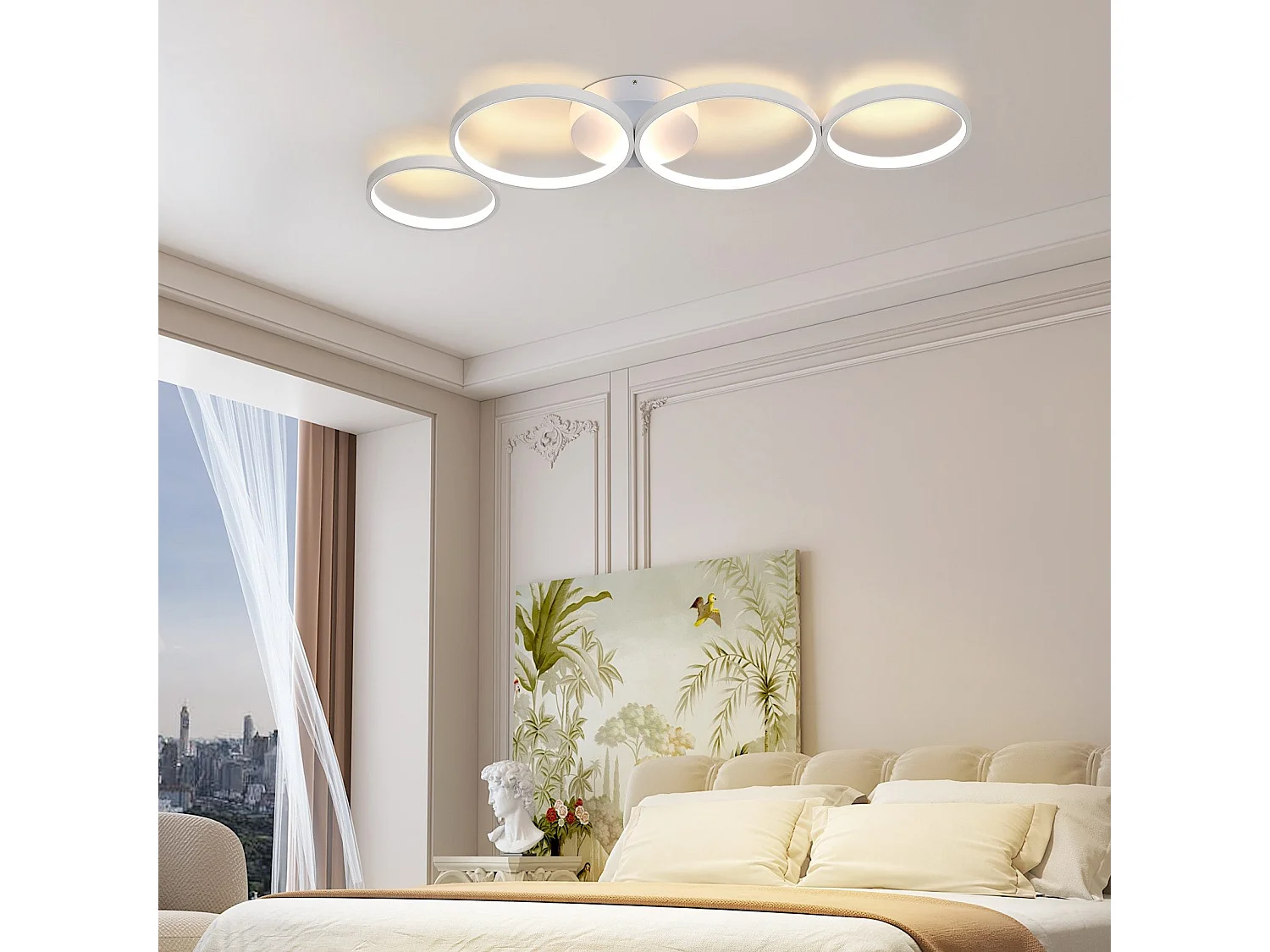 NETTLIFE Plafonnier LED Plafonnier 100cm Dimmable 4 Anneaux  Moderne 56w Éclairage Blanc Avec Télécommande