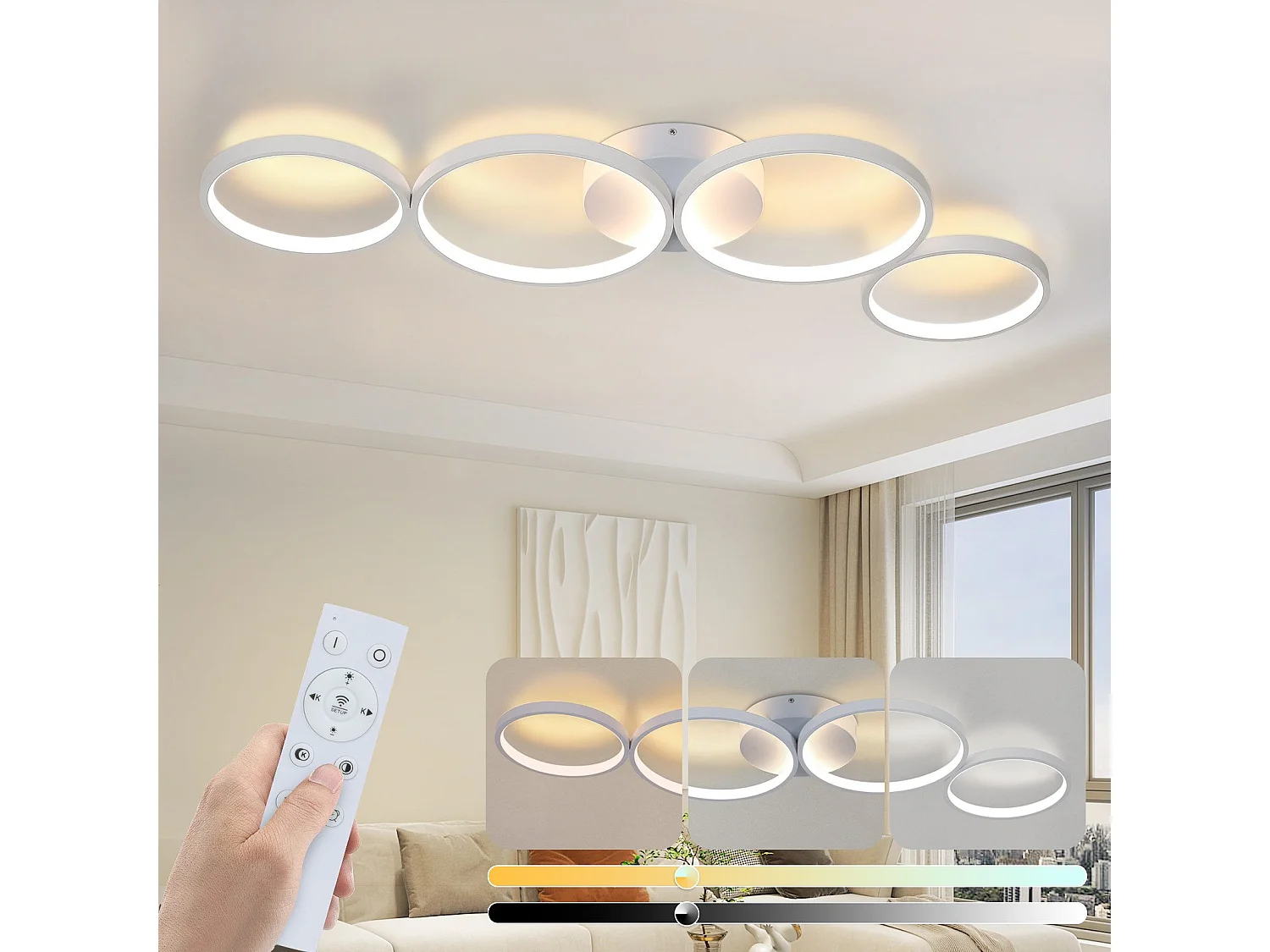 NETTLIFE Plafonnier LED Plafonnier 100cm Dimmable 4 Anneaux  Moderne 56w Éclairage Blanc Avec Télécommande