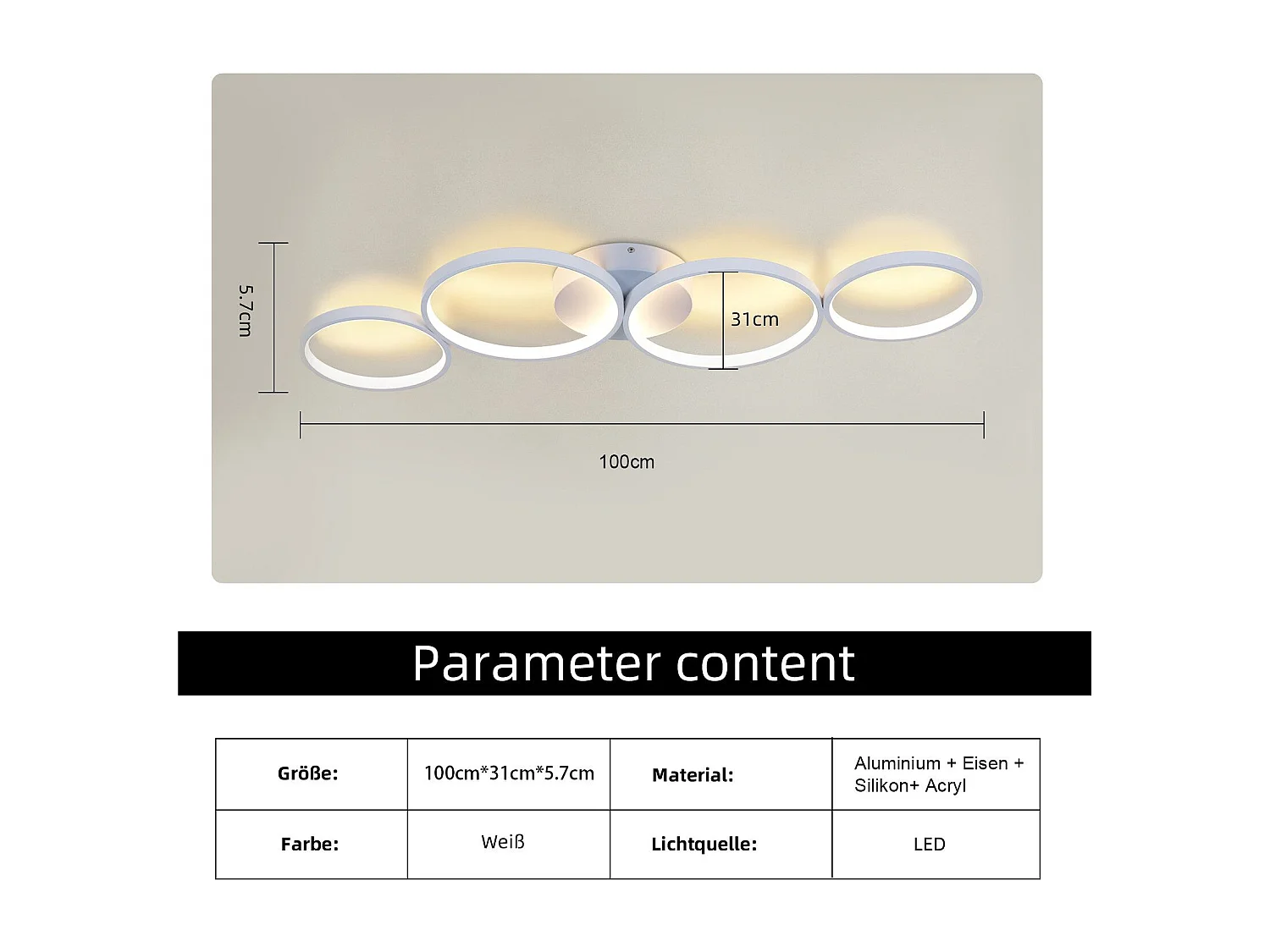 NETTLIFE Plafonnier LED Plafonnier 100cm Dimmable 4 Anneaux  Moderne 56w Éclairage Blanc Avec Télécommande