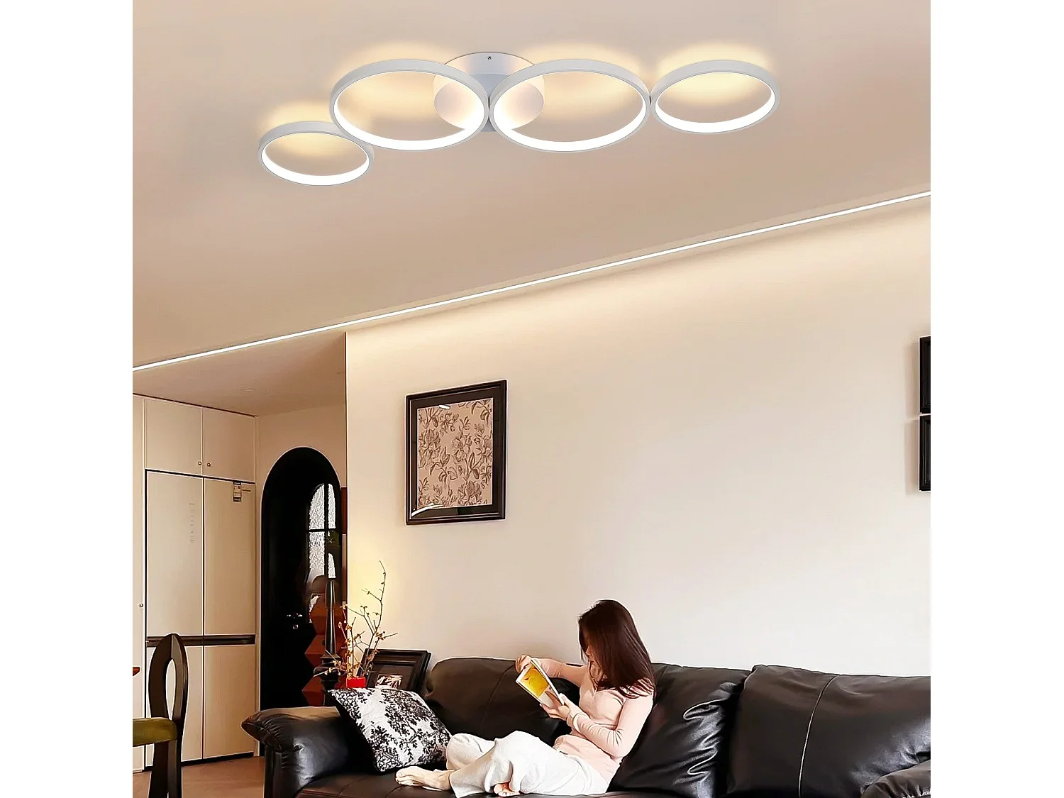 NETTLIFE Plafonnier LED Plafonnier 100cm Dimmable 4 Anneaux  Moderne 56w Éclairage Blanc Avec Télécommande