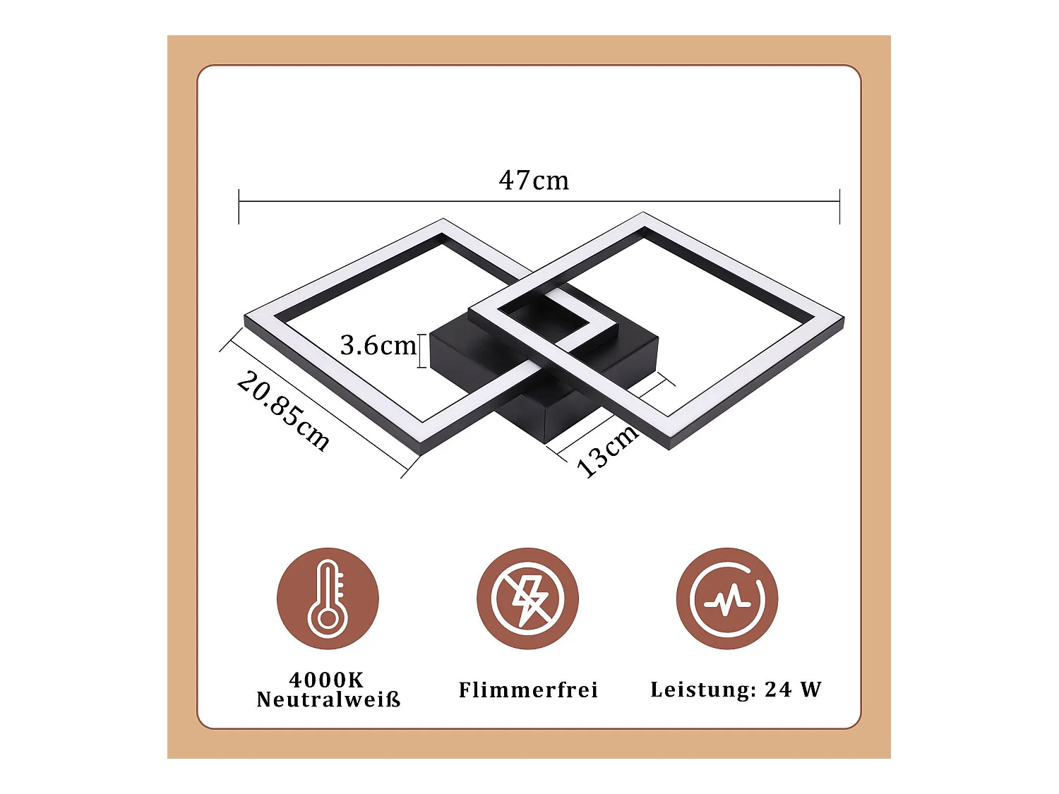 NETTLIFE Plafonnier LED Carré Noir 24 W 4 000 K Blanc Neutre Lampe De Cuisine Moderne
