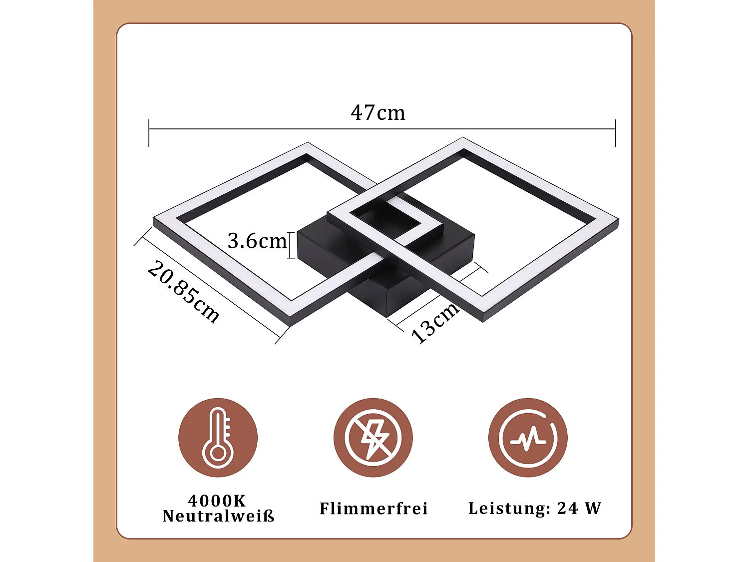 NETTLIFE Plafonnier LED Carré Noir 24 W 4 000 K Blanc Neutre Lampe De Cuisine Moderne
