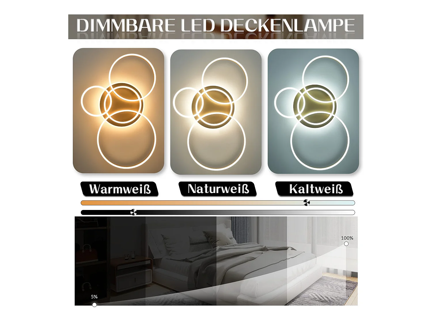 NETTLIFE LED-Deckenleuchte für Wohnzimmer, schwarz, dimmbar, modernes Design, 61 cm, mit Fernbedienung, 50 W