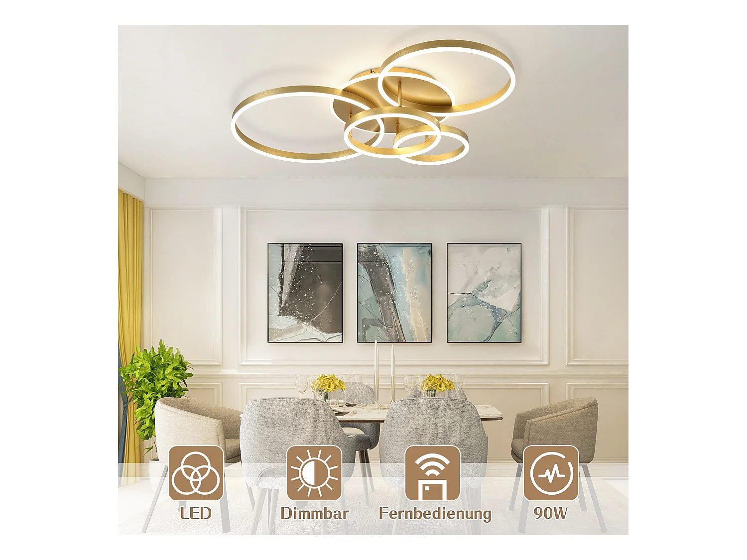 NETTLIFE LED-Deckenleuchte für Wohnzimmer, schwarz, dimmbar, modernes Design, 61 cm, mit Fernbedienung, 50 W