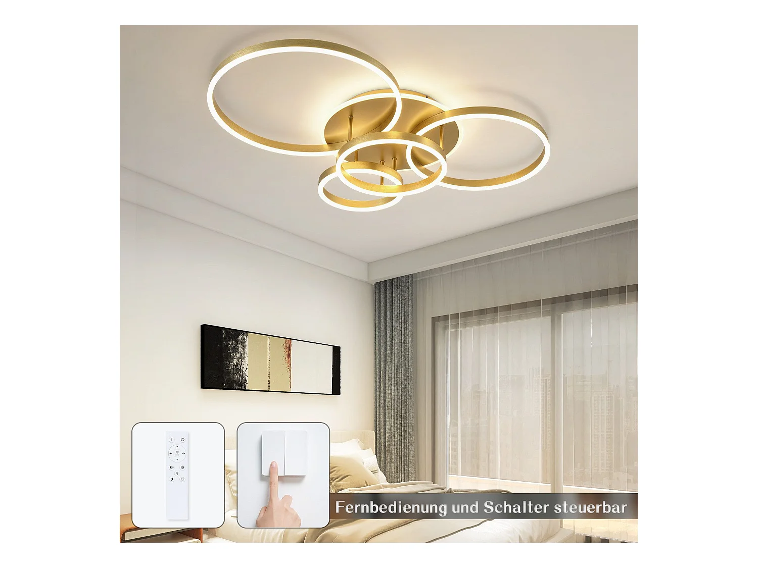 NETTLIFE LED-Deckenleuchte für Wohnzimmer, schwarz, dimmbar, modernes Design, 61 cm, mit Fernbedienung, 50 W