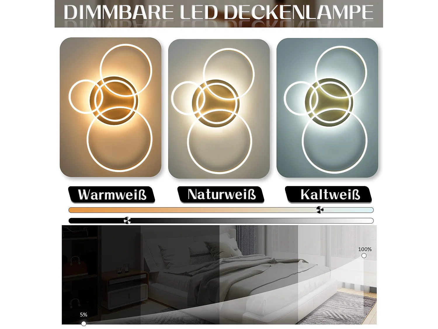 NETTLIFE Plafonnier LED pour salon Noir à intensité variable Design moderne 61 cm  Avec télécommande 50 W