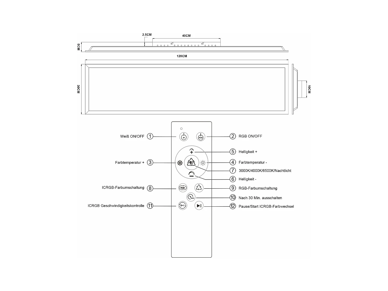 Panel LED NETTLIFE 120x30 regulable, luz de techo plana RGB de 36 W, con control remoto, 3000-6500 K.