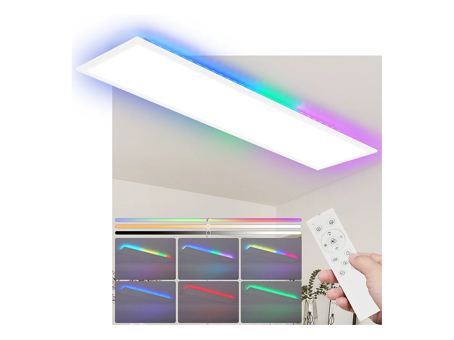 NETTLIFE Panneau LED 120 x 30 cm, intensité variable, éclairage de plafond plat, couleur RVB changeante, avec télécommande, 36 W, 3 000 K-6 500 K