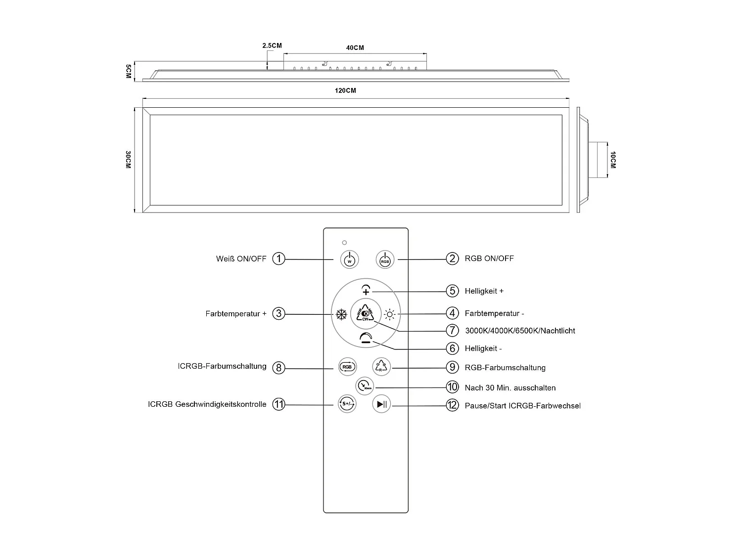 NETTLIFE LED-paneel 120 x 30 cm, dimbaar, plat plafondlicht, RGB-kleurveranderend, met afstandsbediening, 36 W, 3000 K-6500 K