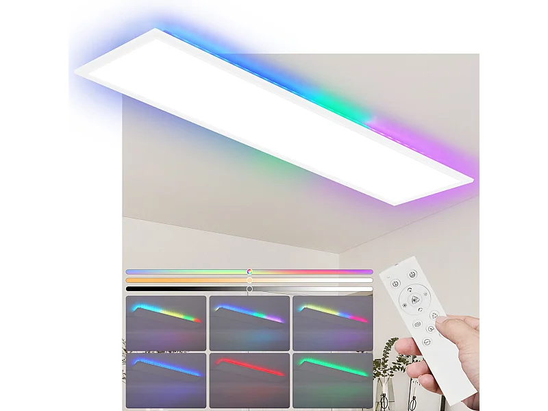 NETTLIFE LED-paneel 120 x 30 cm, dimbaar, plat plafondlicht, RGB-kleurveranderend, met afstandsbediening, 36 W, 3000 K-6500 K