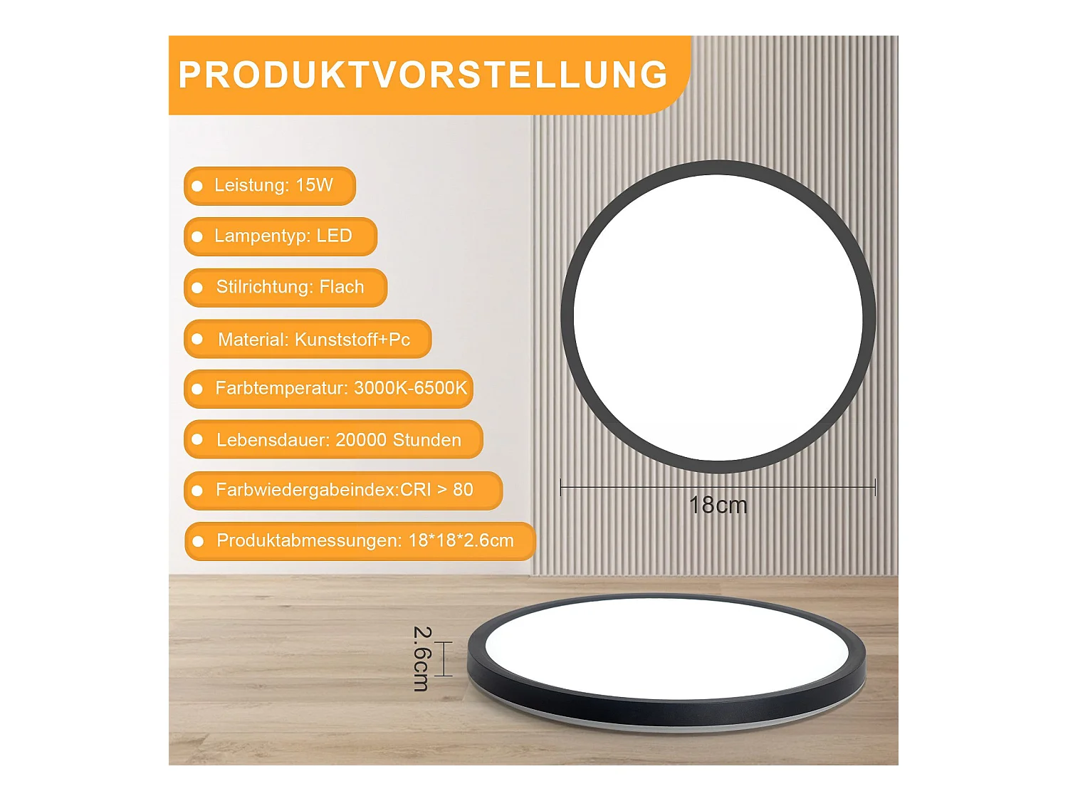 NETTLIFE Plafonnier LED Plat Pour Chambre à Coucher Noir 18cm 15w Lampe De Salle De Bain à Intensité Variable