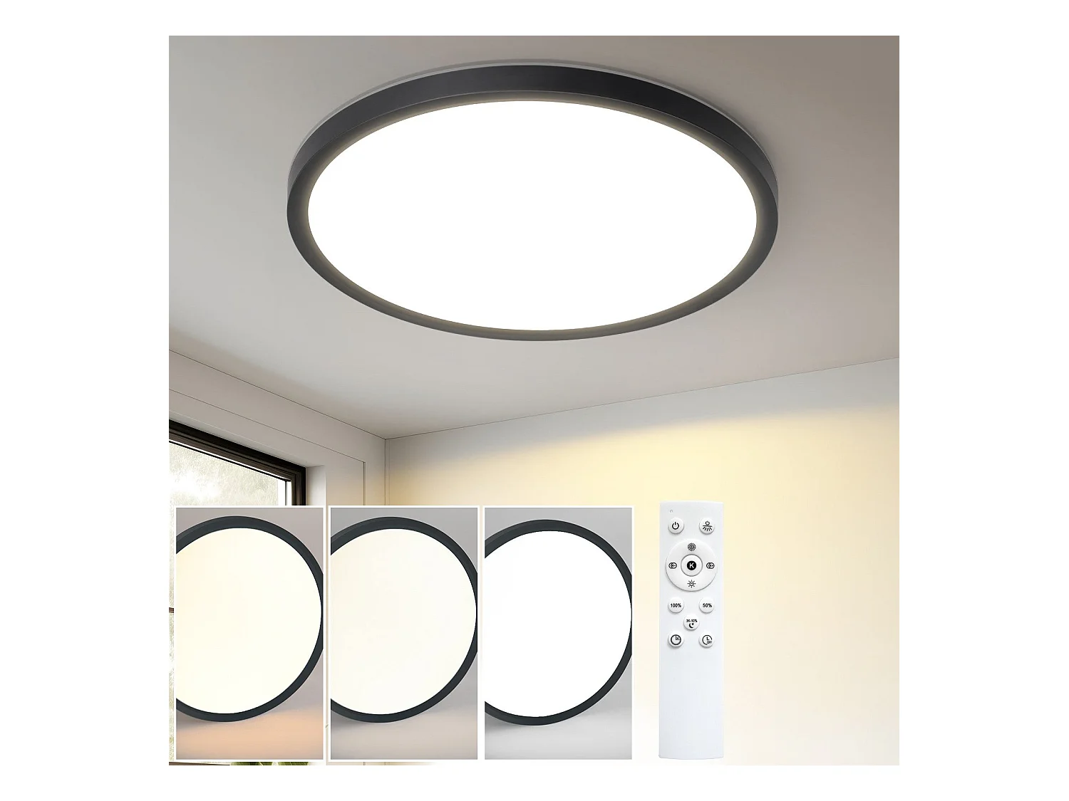 NETTLIFE Platte LED-plafondlamp voor slaapkamer, zwart, 18 cm, 15 W, dimbare badkamerlamp