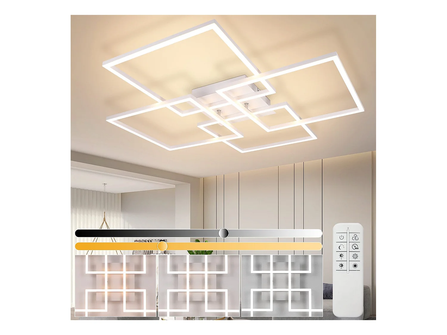 NETTLIFE Plafonnier LED pour salon, cuisine, blanc, intensité variable, avec télécommande, moderne, 3000K - 6500K, 48W