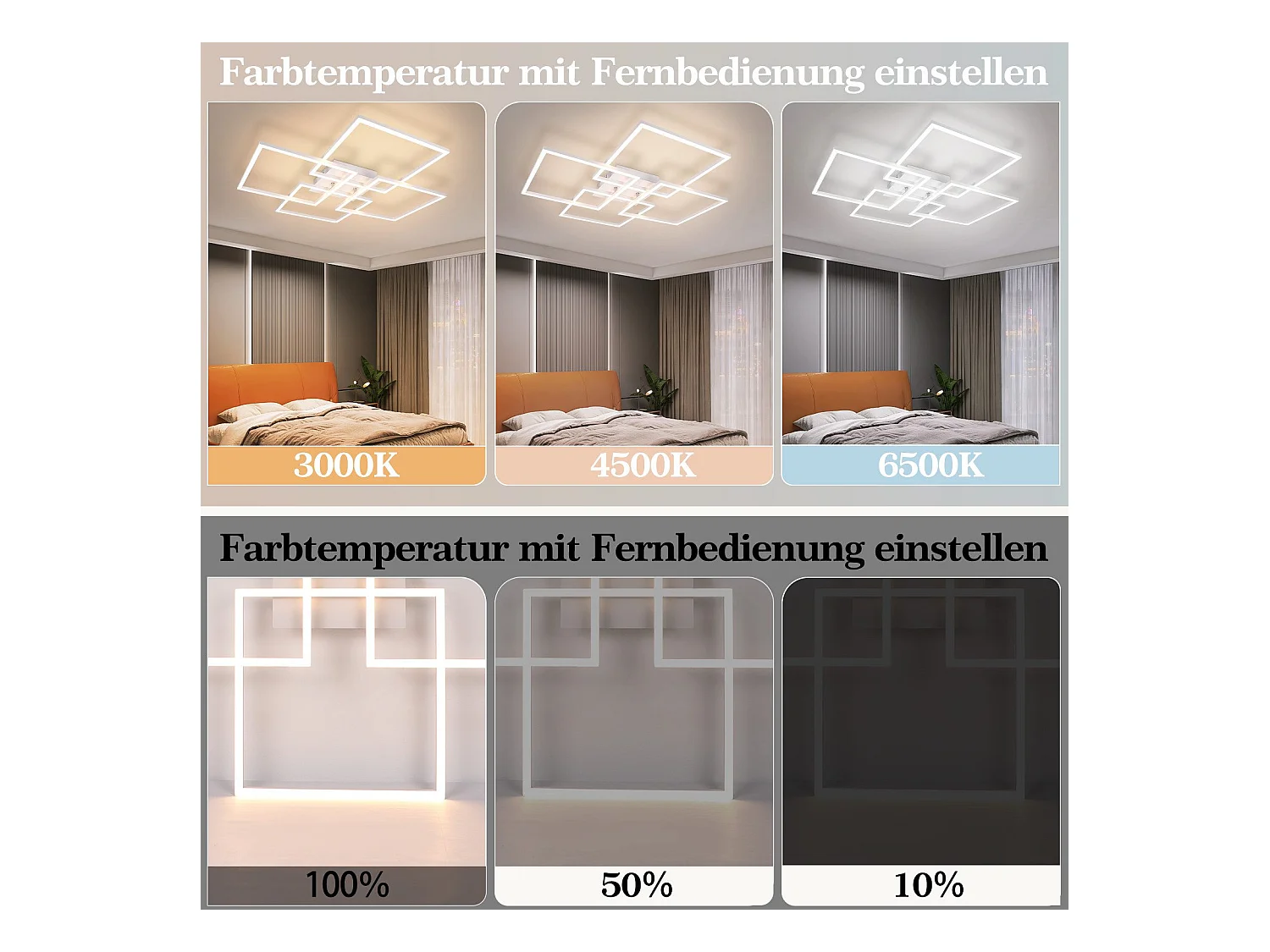 NETTLIFE Plafonnier LED pour salon, cuisine, blanc, intensité variable, avec télécommande, moderne, 3000K - 6500K, 48W