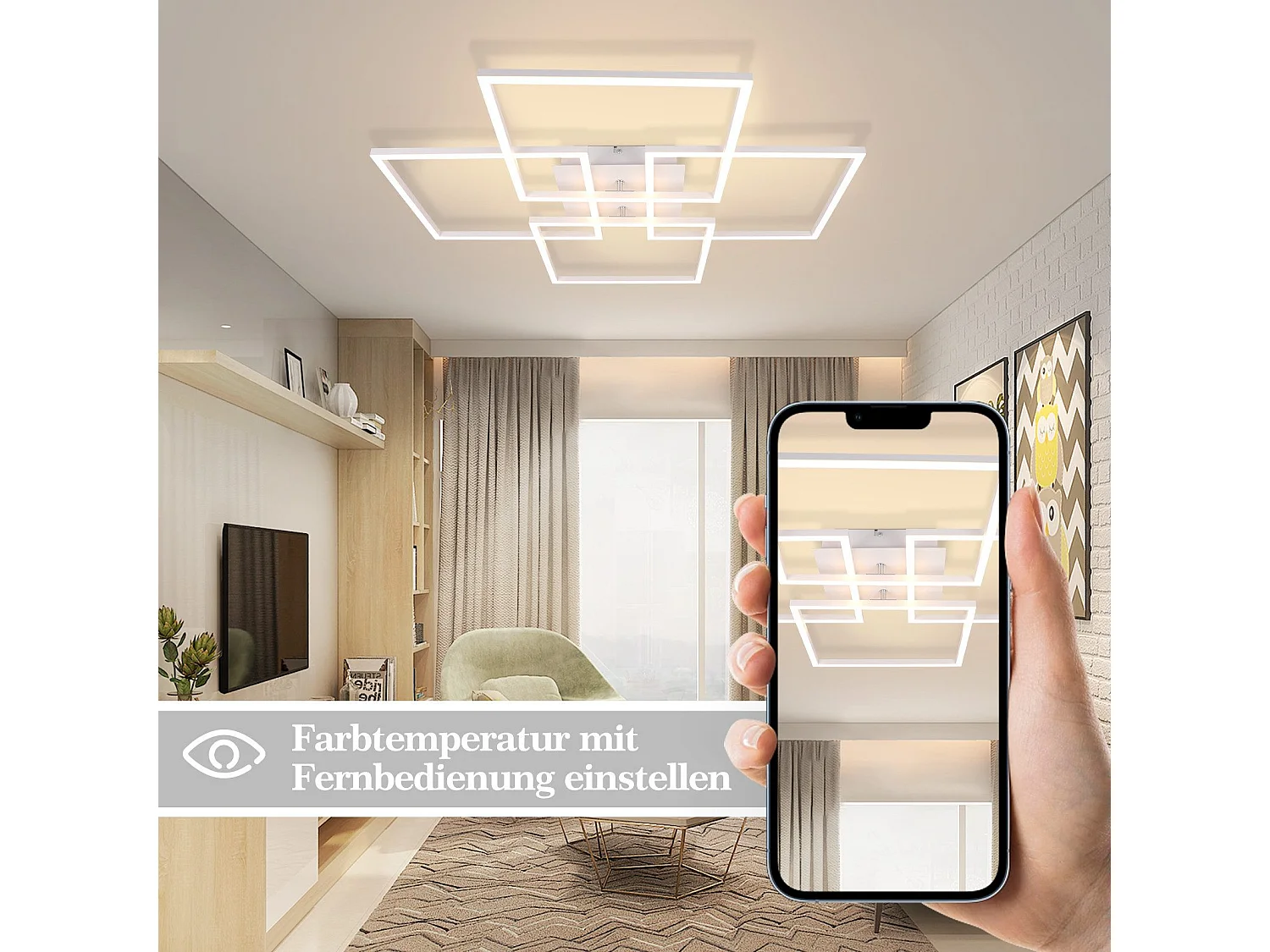 NETTLIFE Plafonnier LED pour salon, cuisine, blanc, intensité variable, avec télécommande, moderne, 3000K - 6500K, 48W