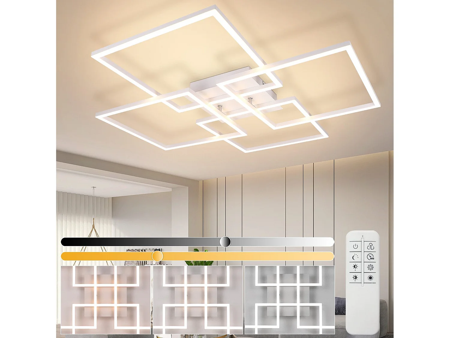 NETTLIFE Plafondlamp LED Vierkant 4 Lichts Wit 3000-6500K Dimbaar met afstandsbediening Modern Plafondlamp 72cm voor Woonkamer | Keuken | Slaapkamer 48W