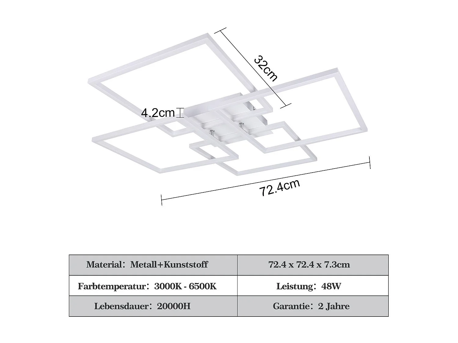 NETTLIFE Plafondlamp LED Vierkant 4 Lichts Wit 3000-6500K Dimbaar met afstandsbediening Modern Plafondlamp 72cm voor Woonkamer | Keuken | Slaapkamer 48W