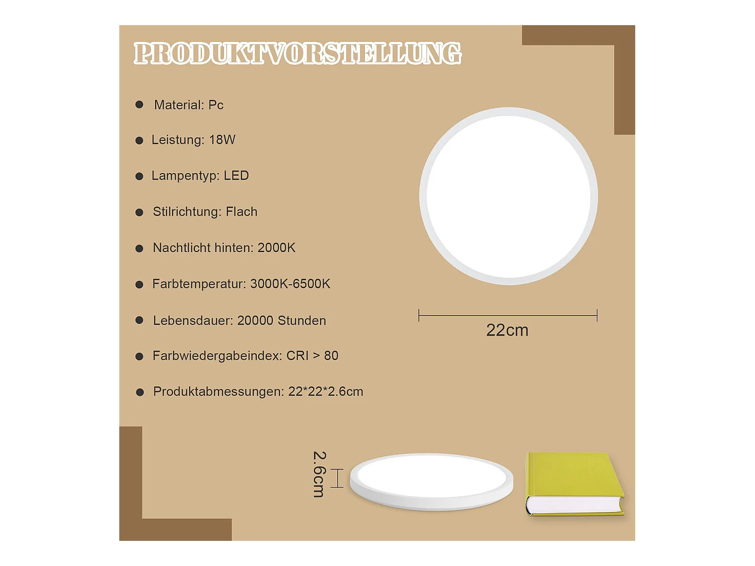 NETTLIFE Plafonnier LED  Plat 22cm 18w à Intensité Variable Pour Chambre Cuisine 3000k - 6500k