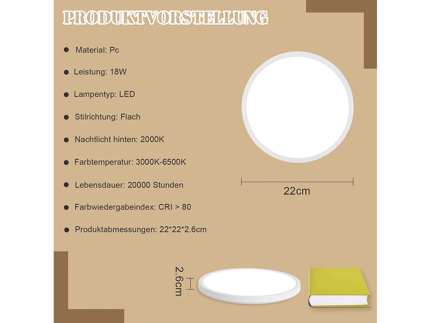 NETTLIFE Plafonnier LED  Plat 22cm 18w à Intensité Variable Pour Chambre Cuisine 3000k - 6500k