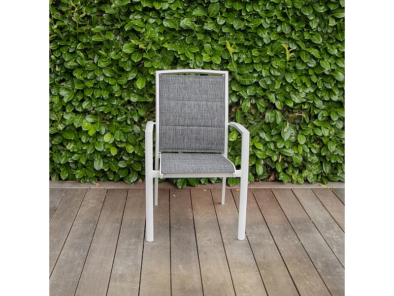 Fauteuil Modulo structure aluminium blanche, assise en textilène coloris gris chiné