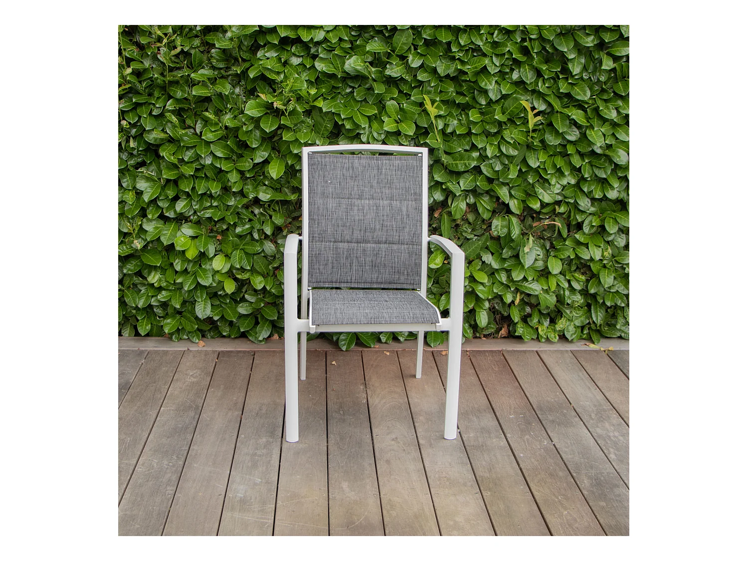 Fauteuil Modulo structure aluminium blanche, assise en textilène coloris gris chiné