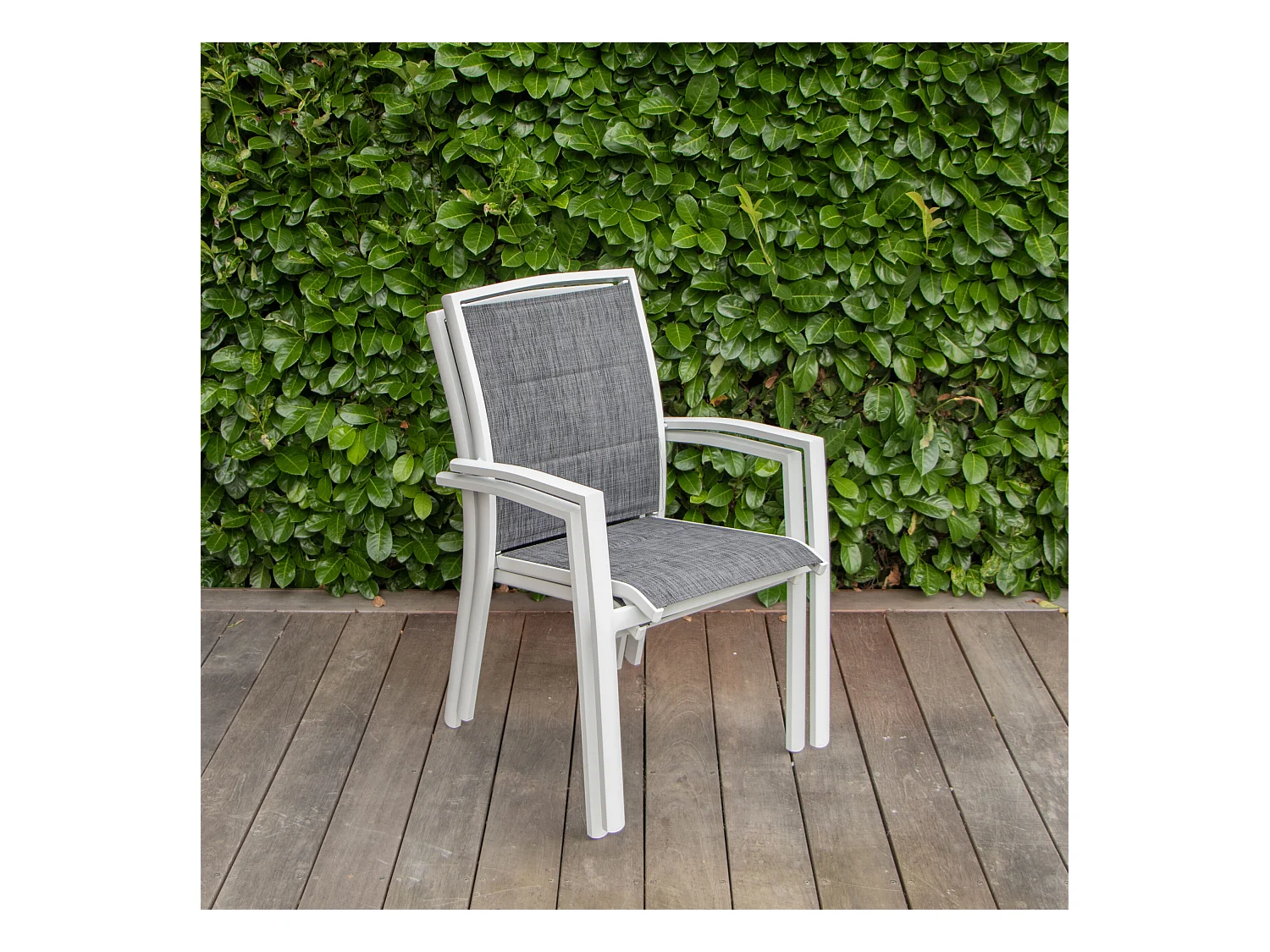 Fauteuil Modulo structure aluminium blanche, assise en textilène coloris gris chiné