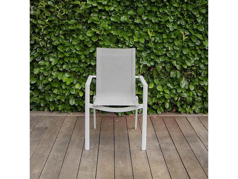 Fauteuil WhiteStar structure aluminium blanche, assise textilène gris clair