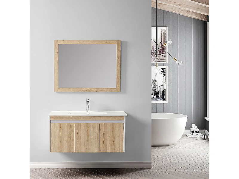 Ensemble de salle de bain bois et blanc 99 cm