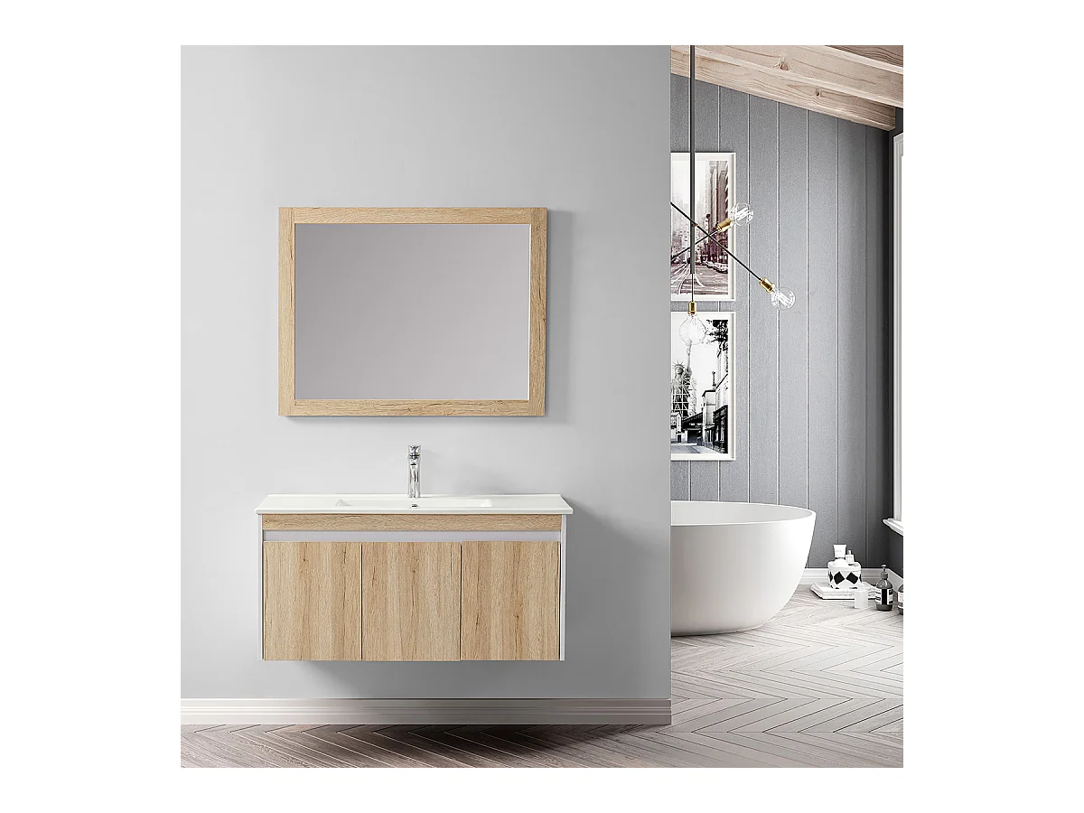 Ensemble de salle de bain bois et blanc 99 cm