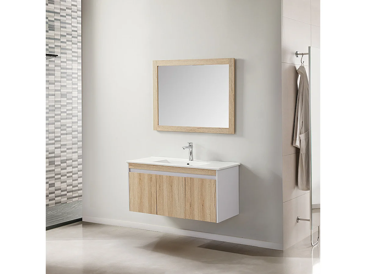 Ensemble de salle de bain bois et blanc 99 cm